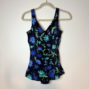 Vintage 90's Baltex Maillot One Piece Swimsuit Bathing Floral Blue Green
